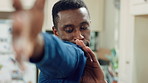 Dancing, passion and black man in kitchen with energy for performance, style and expression in home. Happy, movement and male person with rhythm for hobby, entertainment and weekend fun in apartment