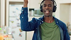 Kitchen, black man and dance with headphones, singing and freedom with spin in apartment. Happy person, moving and music with rhythm at home, streaming subscription or listen to radio with phone
