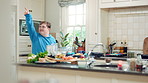 Dance, passion and man in kitchen with energy for performance, rhythm and expression in home. Happy, movement and person with down syndrome for hobby, entertainment and weekend fun in apartment