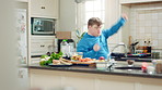 Dancing, eating and man with down syndrome in kitchen, weekend celebration and moving to music rhythm. Hungry, home and male person with smile for sweet snack,  unhealthy food and groove for fun