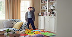Cap, dancing and man with down syndrome in living room, practice performance and music for rhythm. Weekend celebration, hat trick and person with singing for expression, entertainment and fun in home