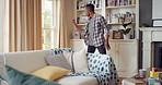 Dance, movement and black man in living room with energy for celebration, performance and expression. Happy, excited and male person with hip hop for hobby, entertainment and weekend fun in home