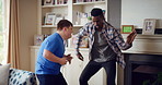 Happy, men and friends dancing in home with vibe for weekend, holiday or bonding together. Male people, playful or funny with movement, music or radio sound for energy, rhythm or fun time in house