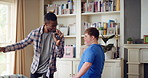 Singing, friends and men with remote in lounge, performance and dancing together for weekend bonding. Excited, happy people and person with down syndrome in home for fun, karaoke and groove to music
