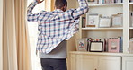 Black man, spinning and dancing for fun at house with energy, playful rhythm and practice session. Male person, dancer and twirling with movement, choreography and hiphop for weekend entertainment