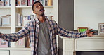 Dancing, happy and black man in home with energy, rhythm or movement to playlist on weekend. Music, groove and African male person listening to album with choreography in living room at house.