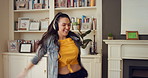 Happy, woman and dancing in living room with headphones, wellness and listen to music on weekend break. Person, smile and streaming playlist in home with audio tech, good mood and movement to song.