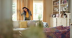 Dancing, house and happy woman with groove, vibe or energy for fun holiday, weekend or music. Excited, female person or dancer with sound or movement in living room for audio or celebration in home