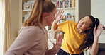 Sisters, dancing and women in home with music for bonding, relationship and fun on weekend. Family, happy and people with playlist, radio and karaoke for connection, entertainment and movement