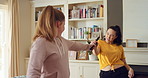 Singing, sisters and women with music in home for good mood, bonding and relationship on weekend. Happy, Family and people with radio, playlist and remote for karaoke, dancing and connection together