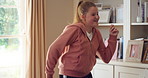 Dancing, happy and child with music in home for energy, good mood and practice for hip hop. House, dancer and girl with audio, radio and playlist for movement, rhythm and groove for hobby on weekend