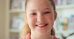 Happy, education and face of child at school with confidence for scholarship, growth or development. Smile, kid and portrait of girl student with pride for learning pr academic knowledge on campus.