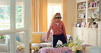 Dance, weekend and child with headphones in home for energy, practice and good mood on break. House, dancer and girl with music, audio and radio for movement, rhythm and expression in living room