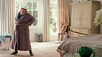 Creative, man and dancing for fun at house with energy, playful rhythm and practice session. Bedroom, dancer and costume with movement, choreography and male person with down syndrome for theatre art