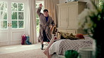 Dancing, rhythm and teenager in bedroom at house for energy, fun or listening to music on weekend. Happy, playlist and male person with down syndrome with groove on radio for choreography in home.
