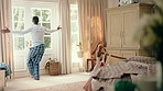 Dancing, rhythm and black man in home with energy for celebration, performance or practice. Happy, movement and male person with expression for hobby, entertainment and morning fun in pyjamas