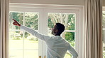 Dancing, rhythm and black man in home with energy for celebration, performance and expression. Happy, movement and male person with series for hobby, entertainment and morning fun in pajamas