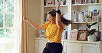 Woman, dance and happiness in house, active and moving with energy on weekend or performance for fun. Rhythm, home and singing favorite song in lounge, goofy and celebration on break in apartment