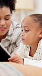 Mother, child and tablet in bedroom for learning, education app and quiz for IQ test in home. Happy woman, girl kid and technology with connection, internet and game for development in house