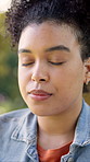 Outdoor, breathe or woman with meditation for calm, spiritual balance or chakra practice for wellness. Nature, peace or person with fresh air for mental health, mindfulness or stress management