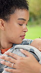 Sleeping, relax and baby with mother outdoor for support, love and early childhood development. Care, comfort and infant kid with mom for afternoon nap with dream, safety and bonding in nature.