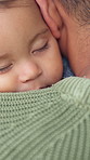 Sleeping, relax and baby by father in home for support, love and early childhood development. Care, comfort and infant kid with dad for afternoon nap with dream, safety and bonding in apartment.