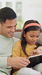 Tablet, child and dad on sofa in home for bonding, talking and online learning with help. Family, support and man or father with daughter on digital app, interaction and connection for development