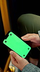 Person, hands or commute with phone screen in bus for destination, tour guide or trip in city. Traveler, user or tourist with smartphone display or mockup space for UI, UX or navigation app in town