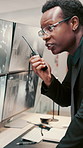 Monitor, security guard and black man with radio in control room, cctv observation and instructions. Vigilance broadcast, talk and employee with tech for crime prevention, relay info and safety check