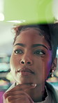 Black woman, thinking and research with glass wall for agenda, planning or project management. Sticky note, business person and creative review in office for strategy, problem solving or moodboard