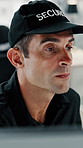 Thinking, security guard and man with laptop in control room, cctv footage and property supervision. Serious, surveillance video or employee with idea for building protection, pc or watch camera feed