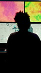 Woman, weather and monitor with map for data, digital analysis or info for forecasting at office. Person, ui and satellite on tech, silhouette or screen with back, storm development and meteorology