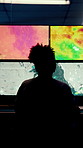 Woman, weather and screen with review for data, digital map or info for forecasting at office. Person, ui and satellite on tech, hurricane or analysis with back for storm development with meteorology