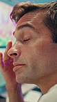 Man, weather and screen with review for data, digital map or clouds for forecasting at office. Person, ui and satellite info with display, hurricane or pattern for storm development with meteorology