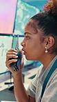 Woman, weather and monitor with radio for talk, digital map or info for forecasting at office. Person, ui and satellite data on tech, hurricane or communication for storm development with meteorology