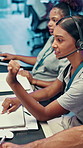 Woman, consultant or discussion with headset in travel agency for security or navigation safety. Female person, agent or talking with mic for virtual assistance, tracking or guidance in call center