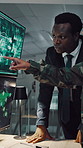 Military, review or team in office with computer screen, surveillance or brief in tactical analysis. Collaboration, people or defense staff with tech, mission planning or coordination in control room