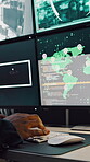 Hands, typing and computer screen with data in control room, cybersecurity specialist and connection. Global satellite, online and person with tech, surveillance and monitoring international threat