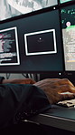 Computer screen, hands and typing with person in surveillance control room for satellite programming. CCTV, live feed and coding with engineer at headquarters for security, support or mission update