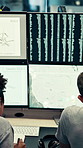 Computer, screen or team writing in control room for weather pattern, satellite forecast or planning. Meteorology, back of people and notes at tech for radar system, climate monitor or storm tracking
