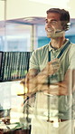 Headset, talking or man in call center for technical support, software troubleshooting or help. IT assistance, customer service and happy agent with feedback, solution and contact us by window