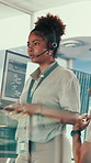 Mic, talking or woman in control room for meteorology, weather and satellite update in glass office. Assistance, service or meteorologist with feedback in forecast center, climate prediction or news