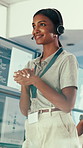 Headset, talking or woman in control room for meteorology, weather forecasting and smile for help. Assistance, service and happy agent with feedback, climate prediction and satellite news by window