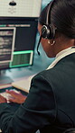 Screen, coding and person typing on computer for cyber security, support and data center. Headset, control room and software engineer or programmer with problem solving, solution or programming