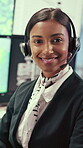 Computer, screen and face of woman in control room for weather broadcast or satellite. Headset, monitor and reporter or person smile for meteorology, forecast and analytics at help desk in office
