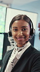 Face, consultant and happy woman with headset in control room for security, navigation or safety. Portrait, female person or GIS agent with smile or mic for virtual assistance on guidance system