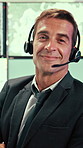 Man, face and arms crossed with screen for weather, digital map or info for forecast at office. Person, headset and satellite data on tech, hurricane and pride for storm with meteorology in Spain
