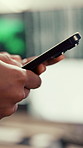 Hands, phone and typing with business person in office for project management or planning. Digital tech, research or communication with employee in workplace for online feedback, report or review