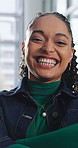Creative, face and businesswoman with arms crossed in office, career growth and marketing internship. Advertising agency, trainee and person with smile for job experience, portrait and opportunity