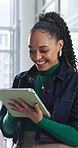 Creative, research and businesswoman with tablet in office, browsing and campaign performance review. Happy, marketing manager and person with tech for ad results, online or reading positive feedback
